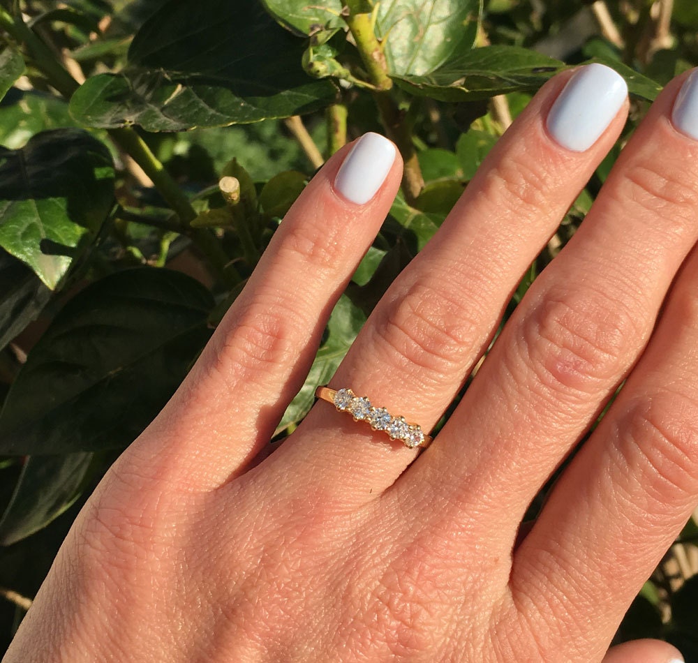 April Birthstone Round Clear Quartz Five Stone Stacking Ring - H.L.Jewelry