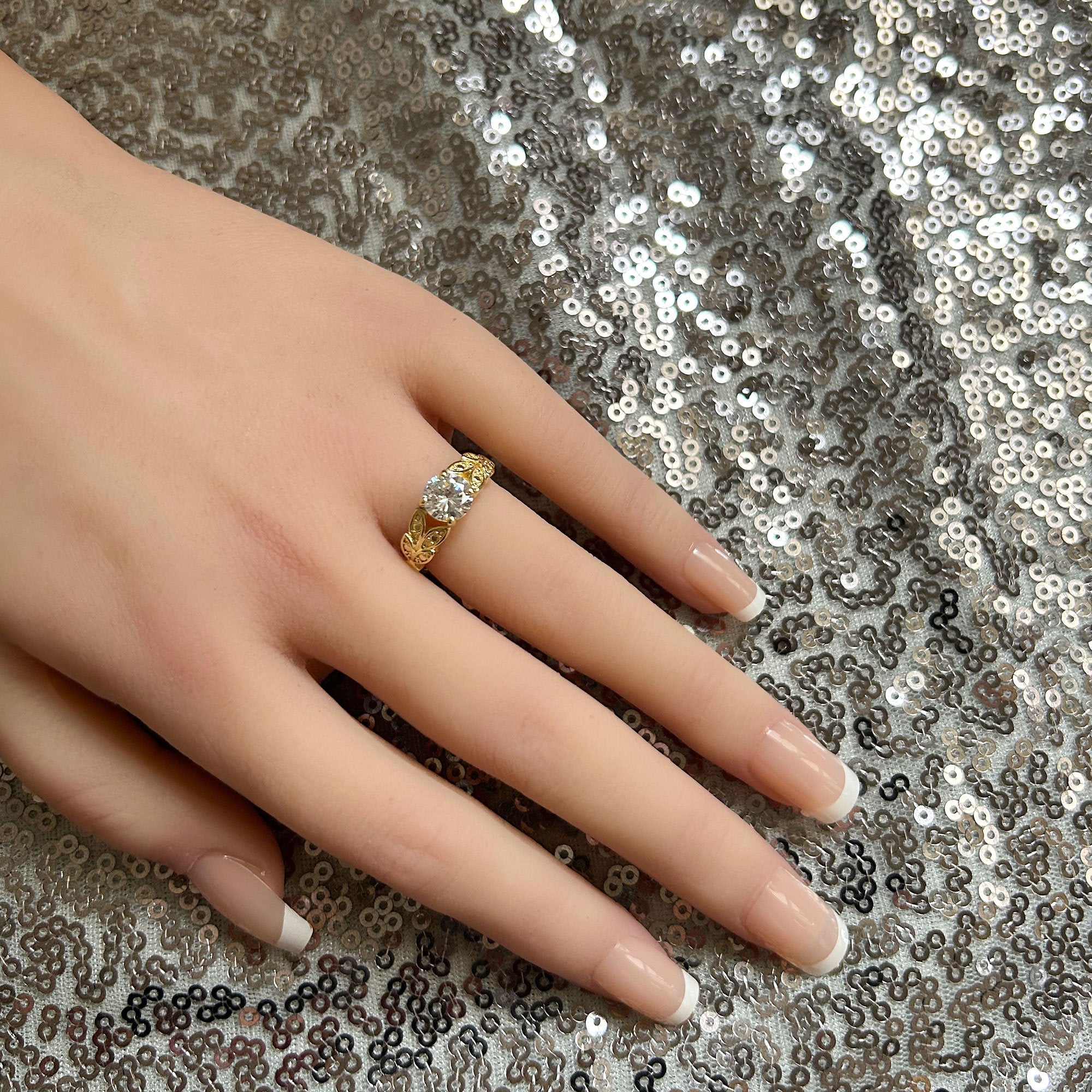 April Birthstone Round Clear Quartz Gemstone Flower Leaves Ring - H.L.Jewelry