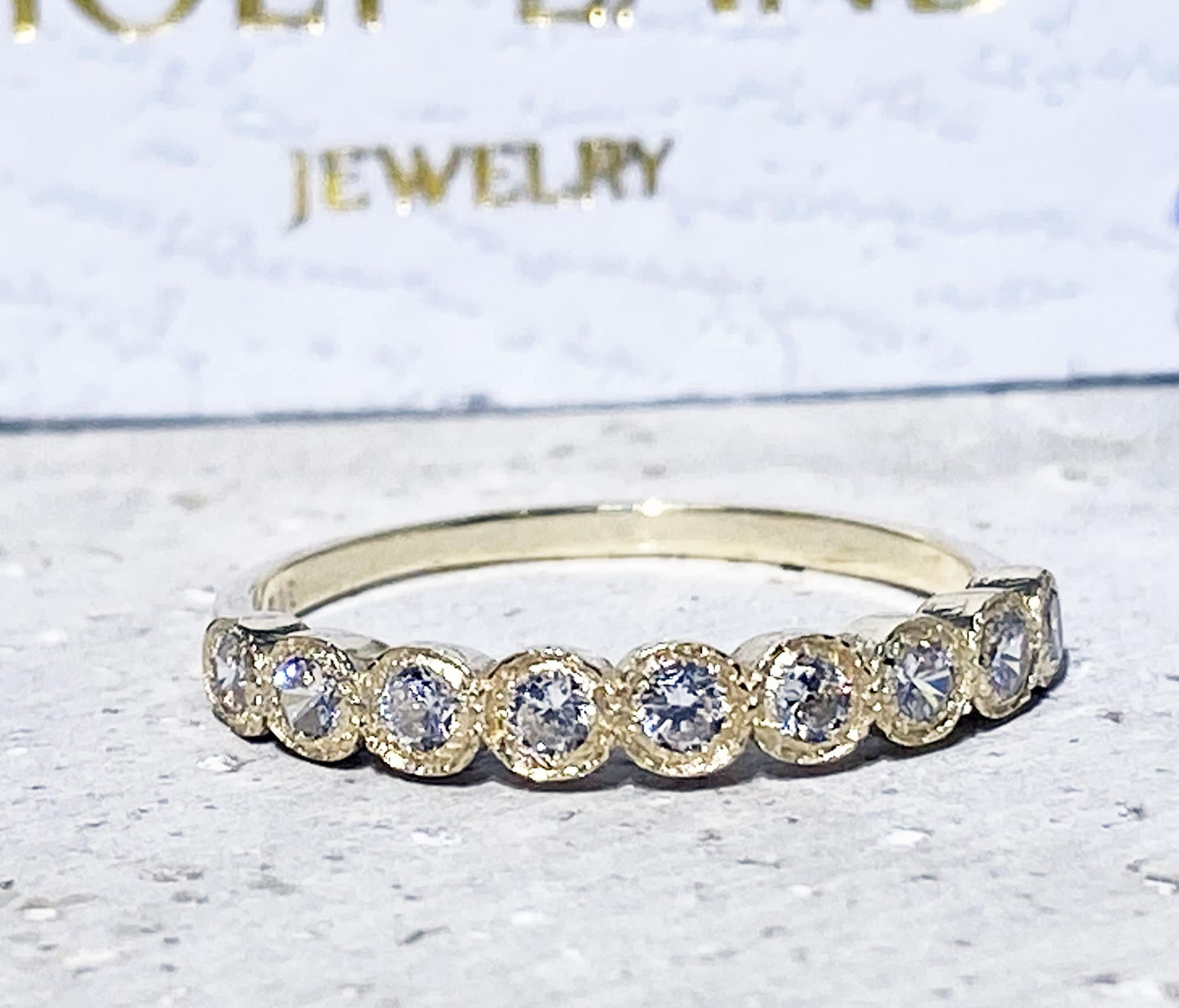 April Birthstone Round Clear Quartz Nine Stone Stacking Half Eternity Bezel Ring - H.L.Jewelry