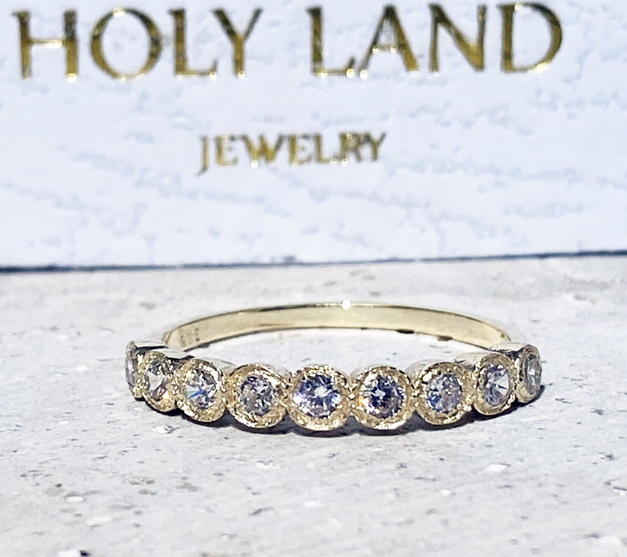 April Birthstone Round Clear Quartz Nine Stone Stacking Half Eternity Bezel Ring - H.L.Jewelry