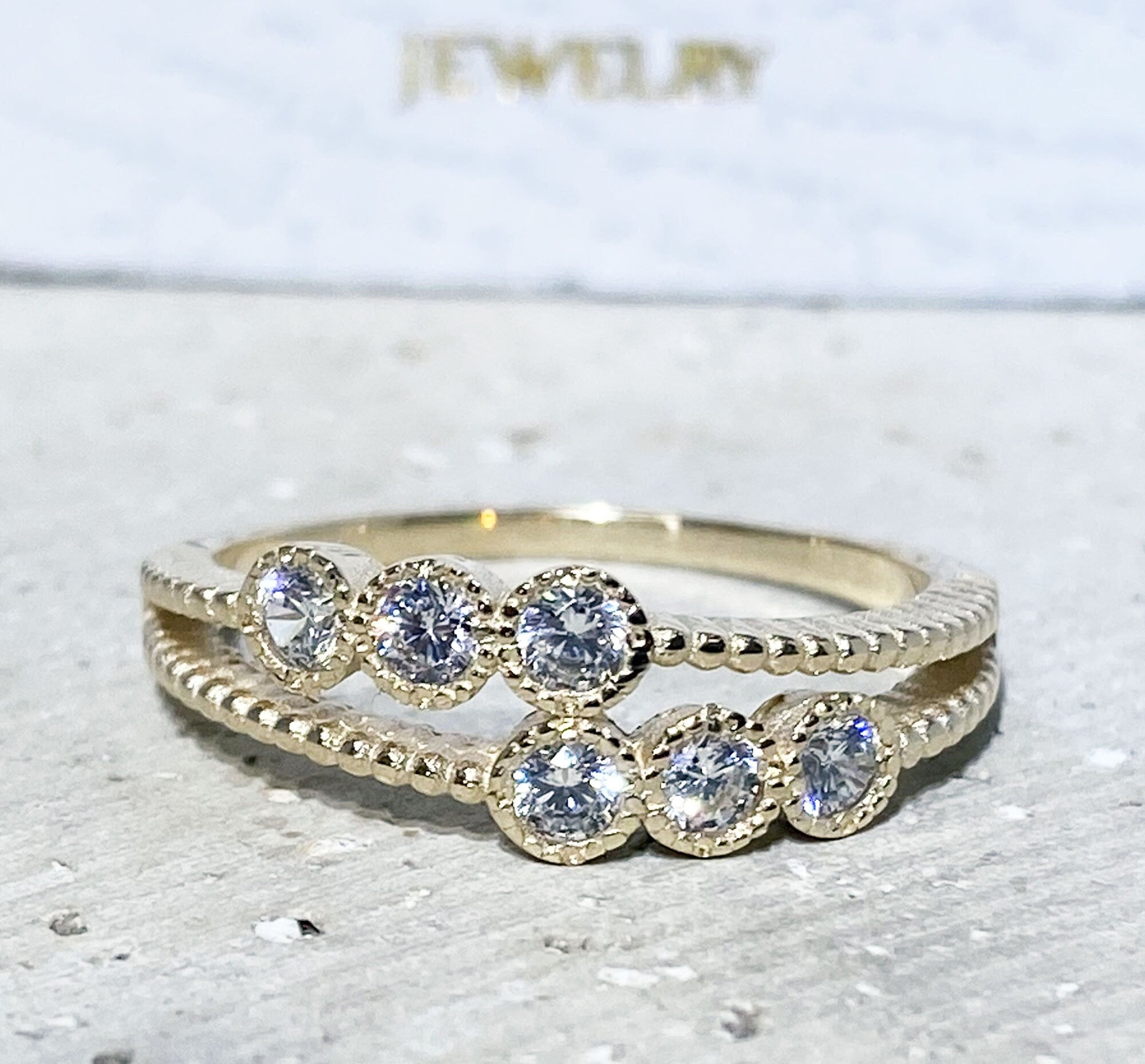 April Birthstone Round Clear Quartz Stackable Dual-Ring Set - H.L.Jewelry