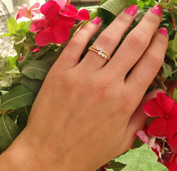 April Birthstone Round Clear Quartz Stackable Dual-Ring Set - H.L.Jewelry