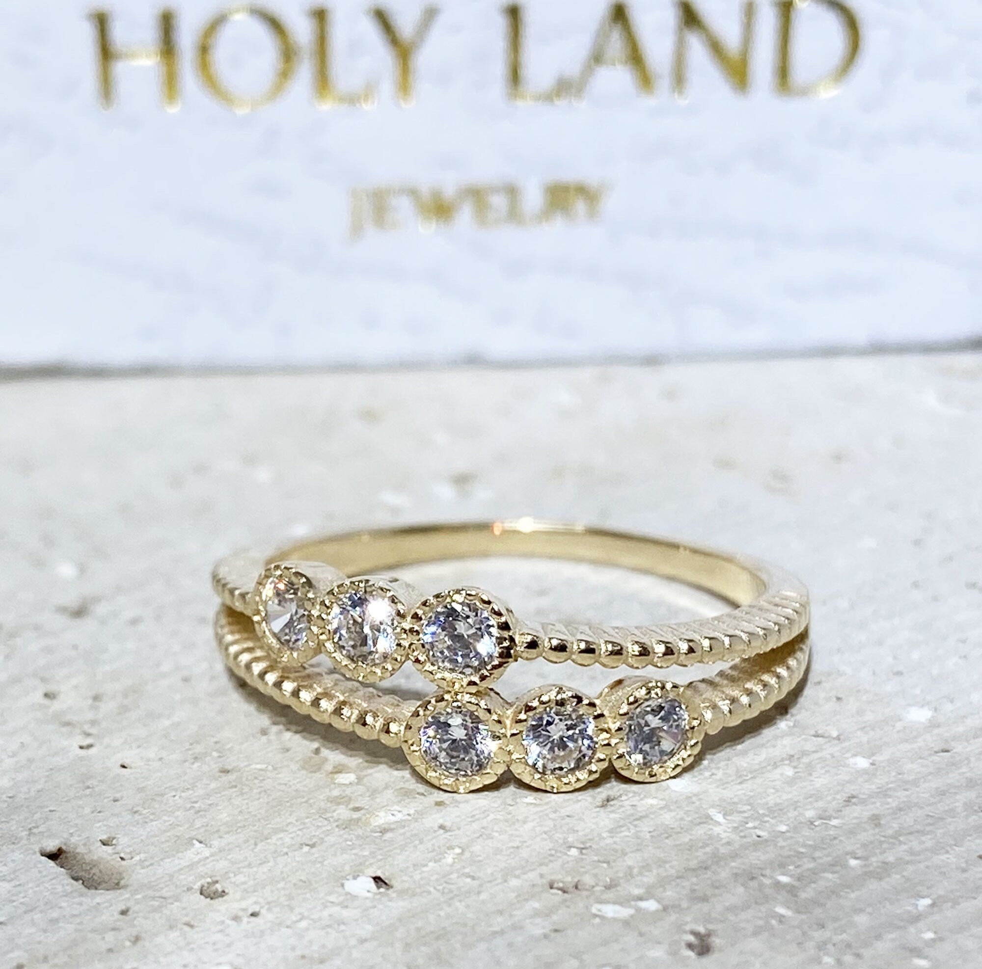 April Birthstone Round Clear Quartz Stackable Dual-Ring Set - H.L.Jewelry