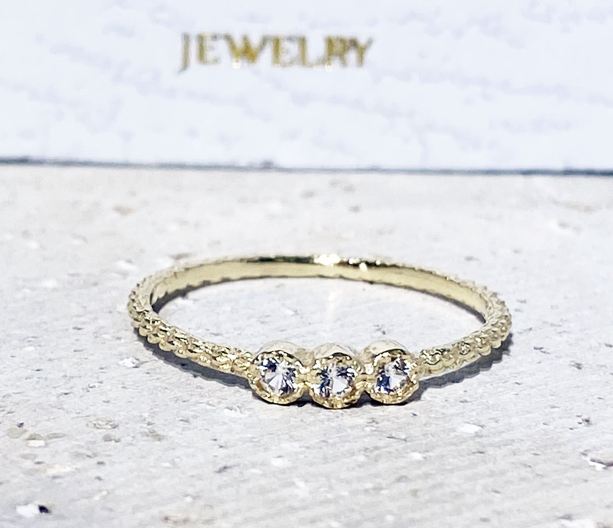 April Birthstone Round Clear Quartz Three Stone Simple Stackable Ring - H.L.Jewelry