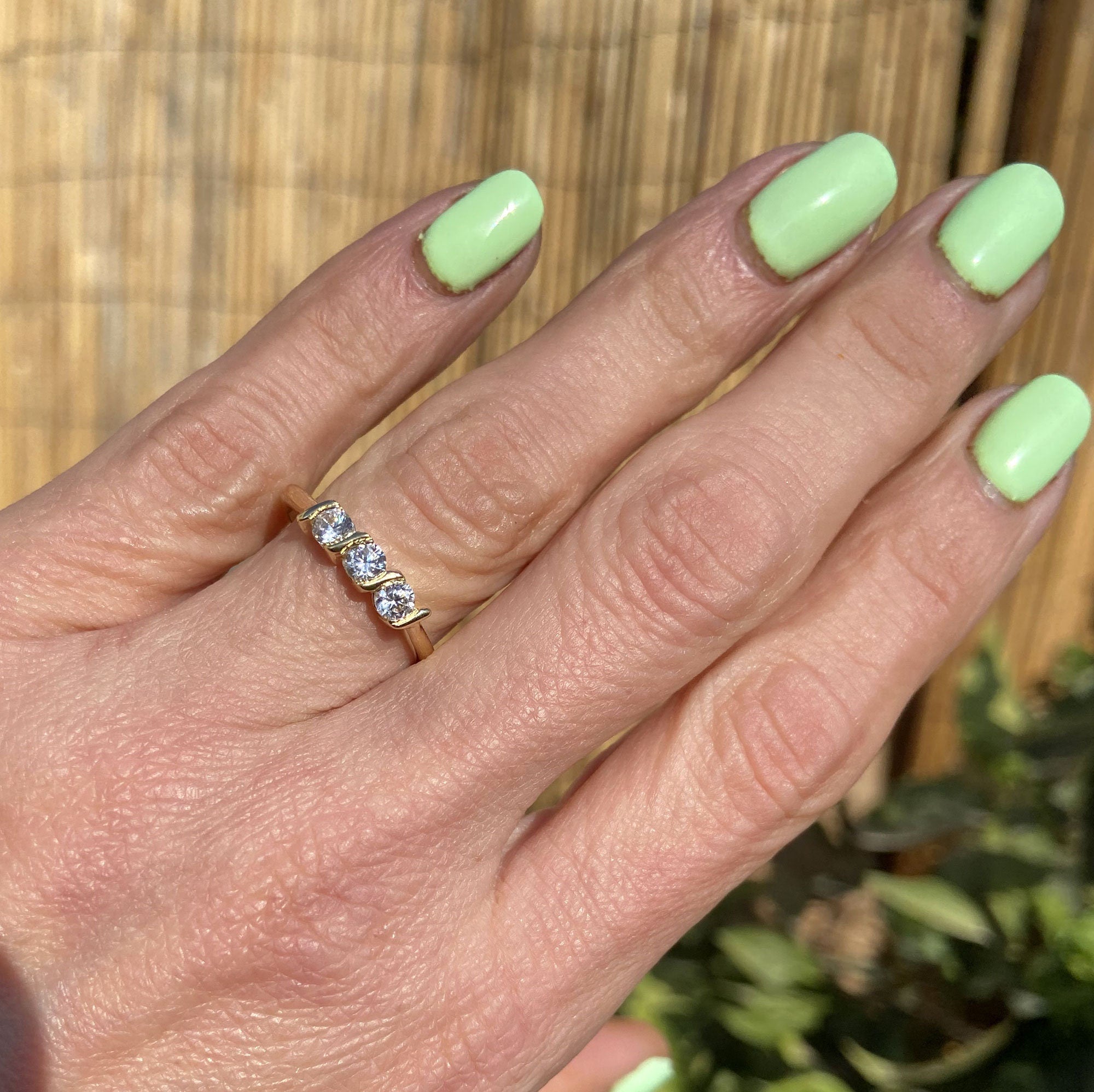 April Birthstone Round Clear Quartz Three Stone Simple Stacking Ring - H.L.Jewelry