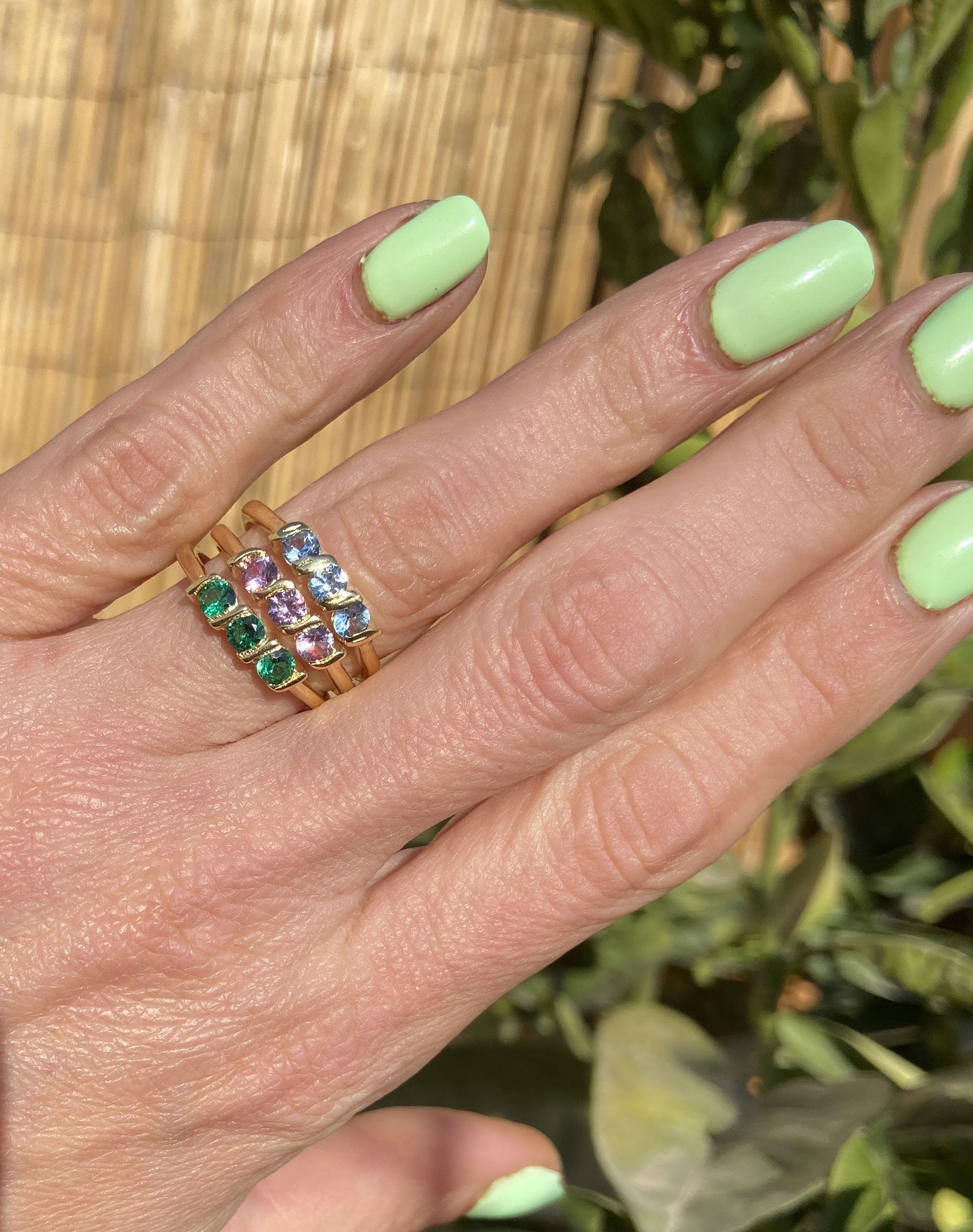 April Birthstone Round Clear Quartz Three Stone Simple Stacking Ring - H.L.Jewelry