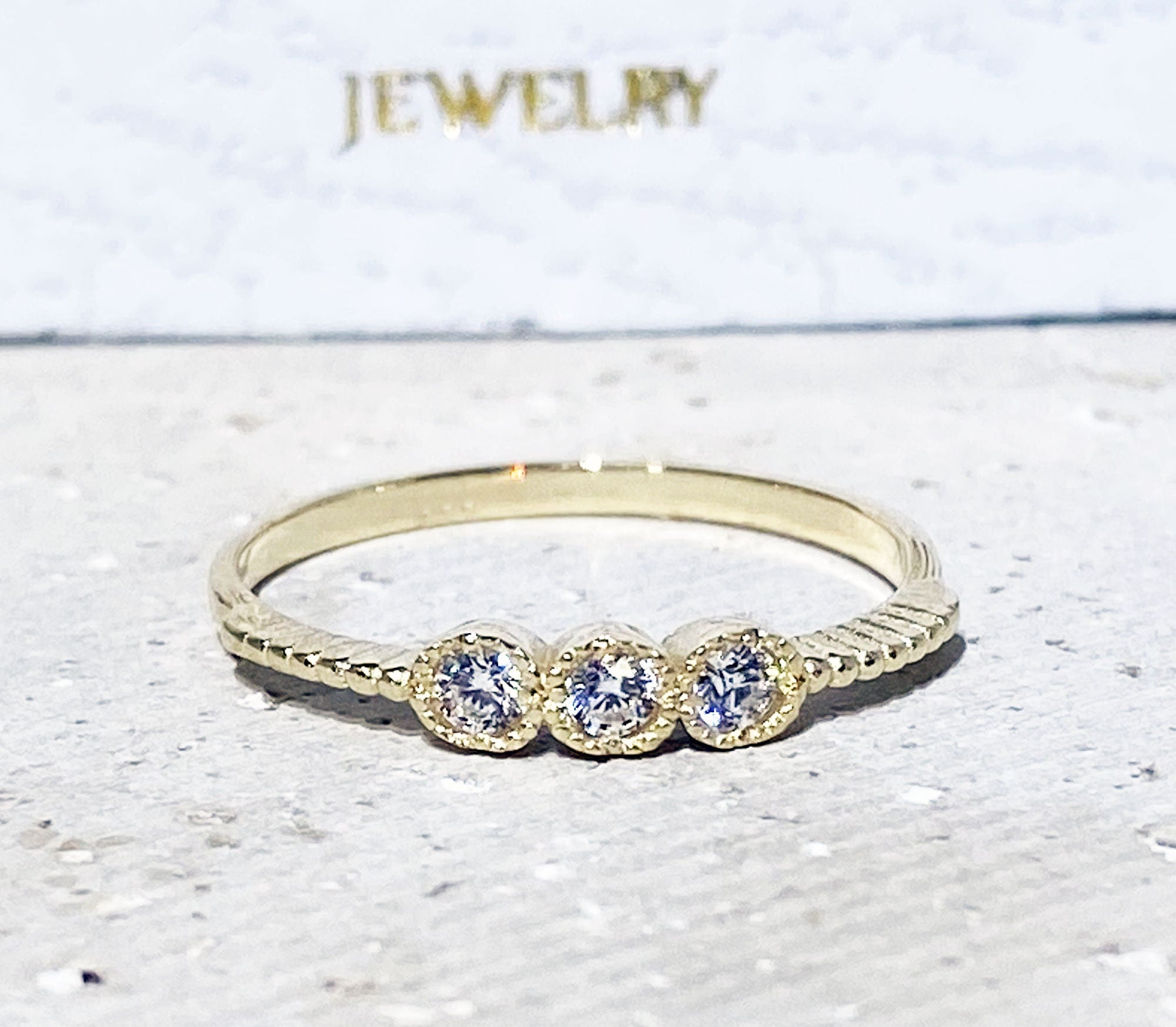 April Birthstone Round Clear Quartz Three Stone Simple Stacking Ring - H.L.Jewelry