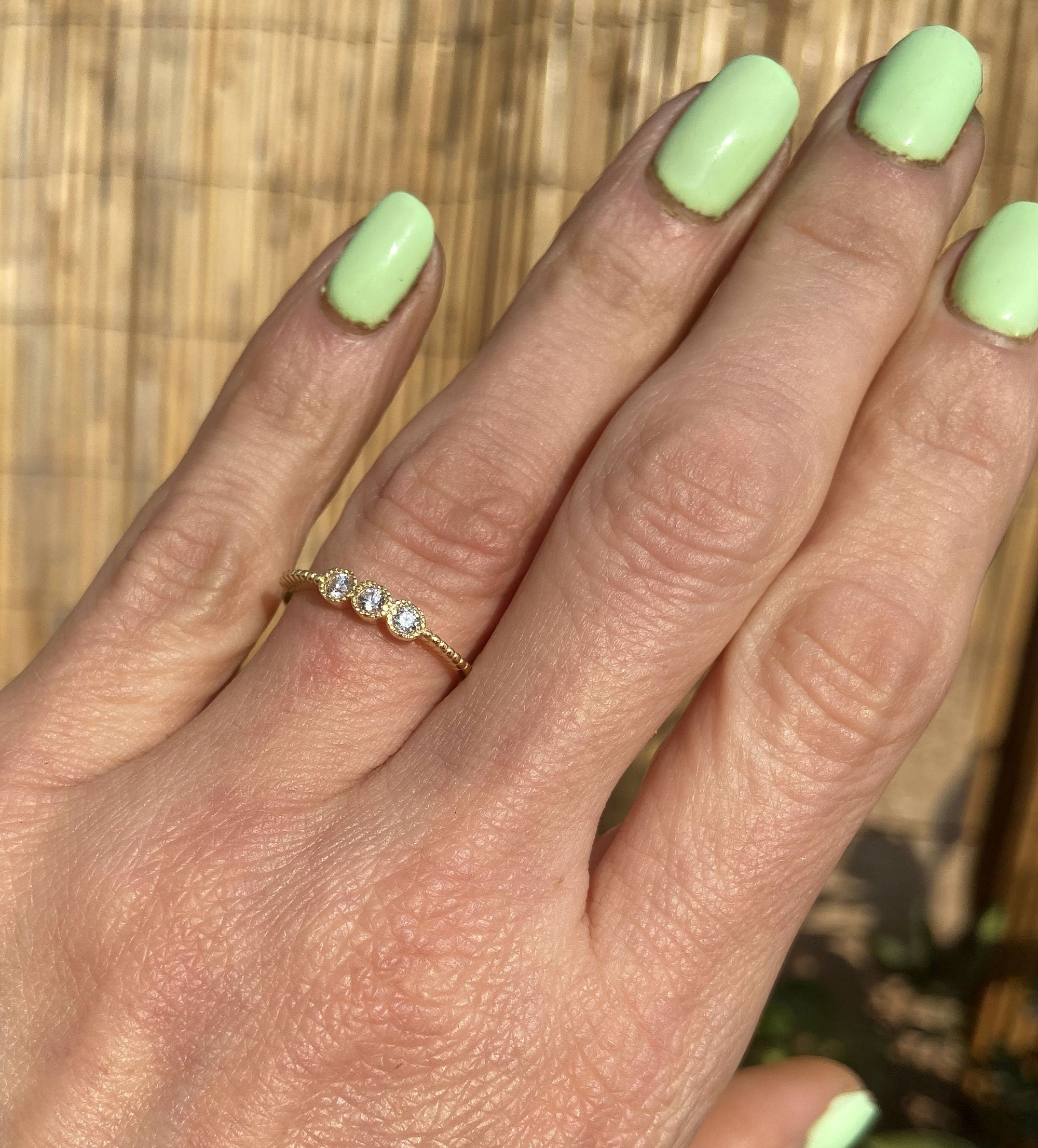 April Birthstone Round Clear Quartz Three Stone Simple Stacking Ring - H.L.Jewelry