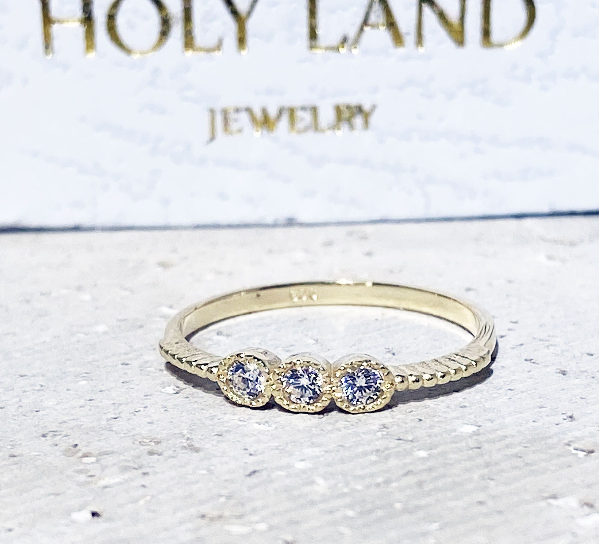 April Birthstone Round Clear Quartz Three Stone Simple Stacking Ring - H.L.Jewelry