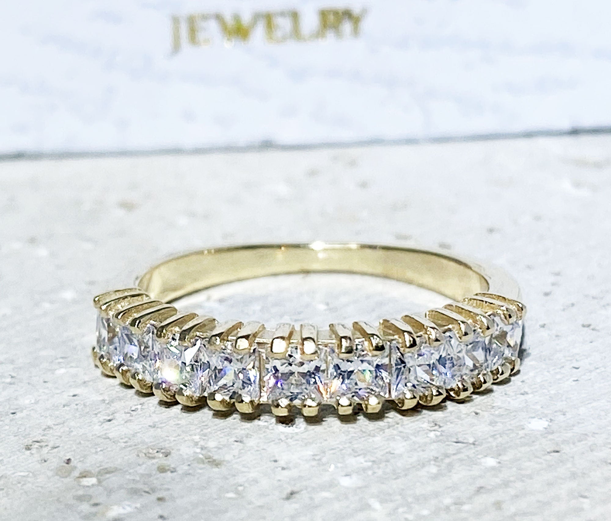 April Birthstone Square Clear Quartz Nine Stone Stacking Half Eternity Ring - H.L.Jewelry
