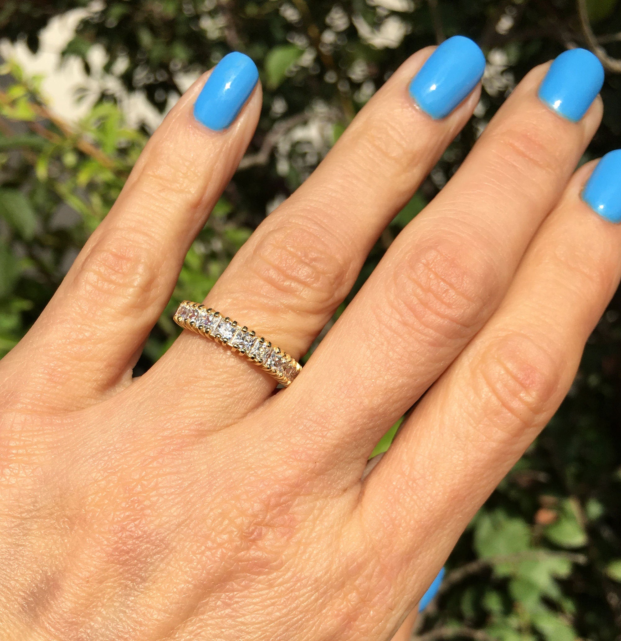 April Birthstone Square Clear Quartz Nine Stone Stacking Half Eternity Ring - H.L.Jewelry