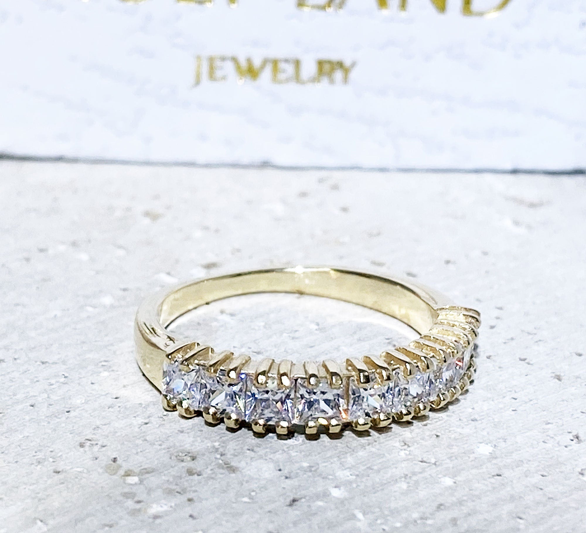 April Birthstone Square Clear Quartz Nine Stone Stacking Half Eternity Ring - H.L.Jewelry