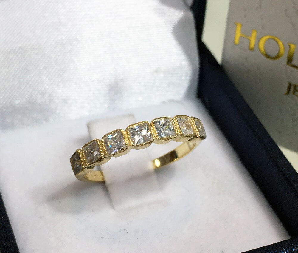 April Birthstone Square Clear Quartz Seven Stone Stacking Half Eternity Ring - H.L.Jewelry