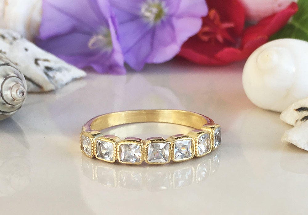 April Birthstone Square Clear Quartz Seven Stone Stacking Half Eternity Ring - H.L.Jewelry