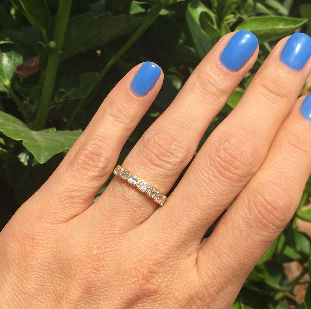 April Birthstone Square Clear Quartz Seven Stone Stacking Half Eternity Ring - H.L.Jewelry