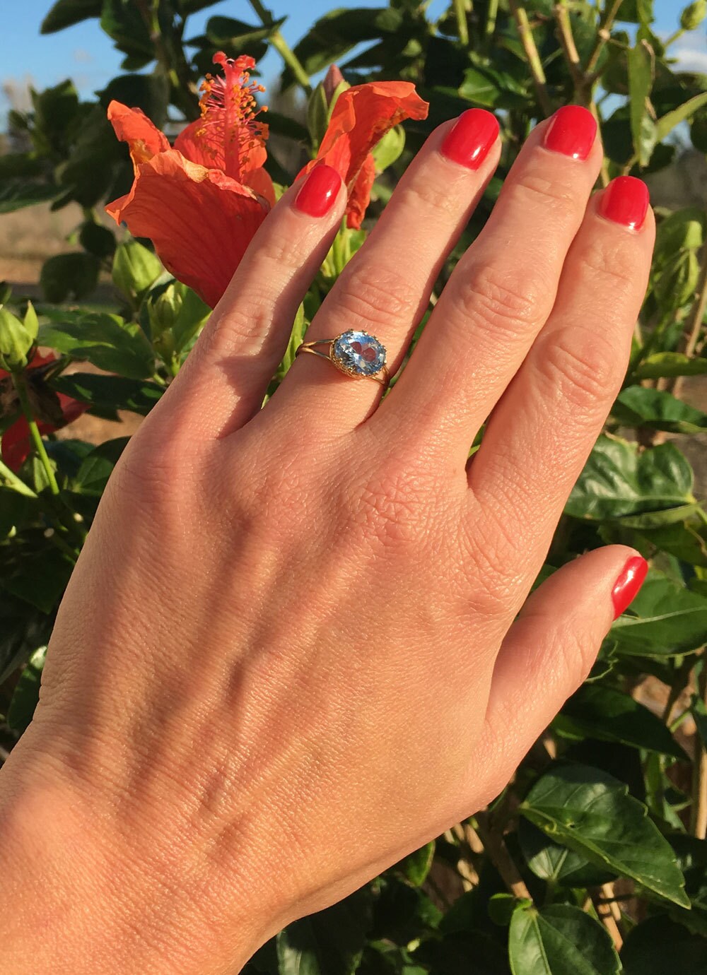 Aquamarine Double Band Vintage Oval Crown Ring - H.L.Jewelry