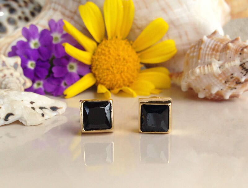 Black Onyx Earrings - December Birthstone Jewelry - Black Onyx Gemstone Simple Square Stud Earrings - H.L.Jewelry