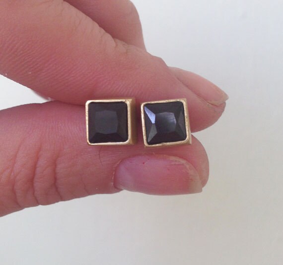 Black Onyx Earrings - December Birthstone Jewelry - Black Onyx Gemstone Simple Square Stud Earrings - H.L.Jewelry