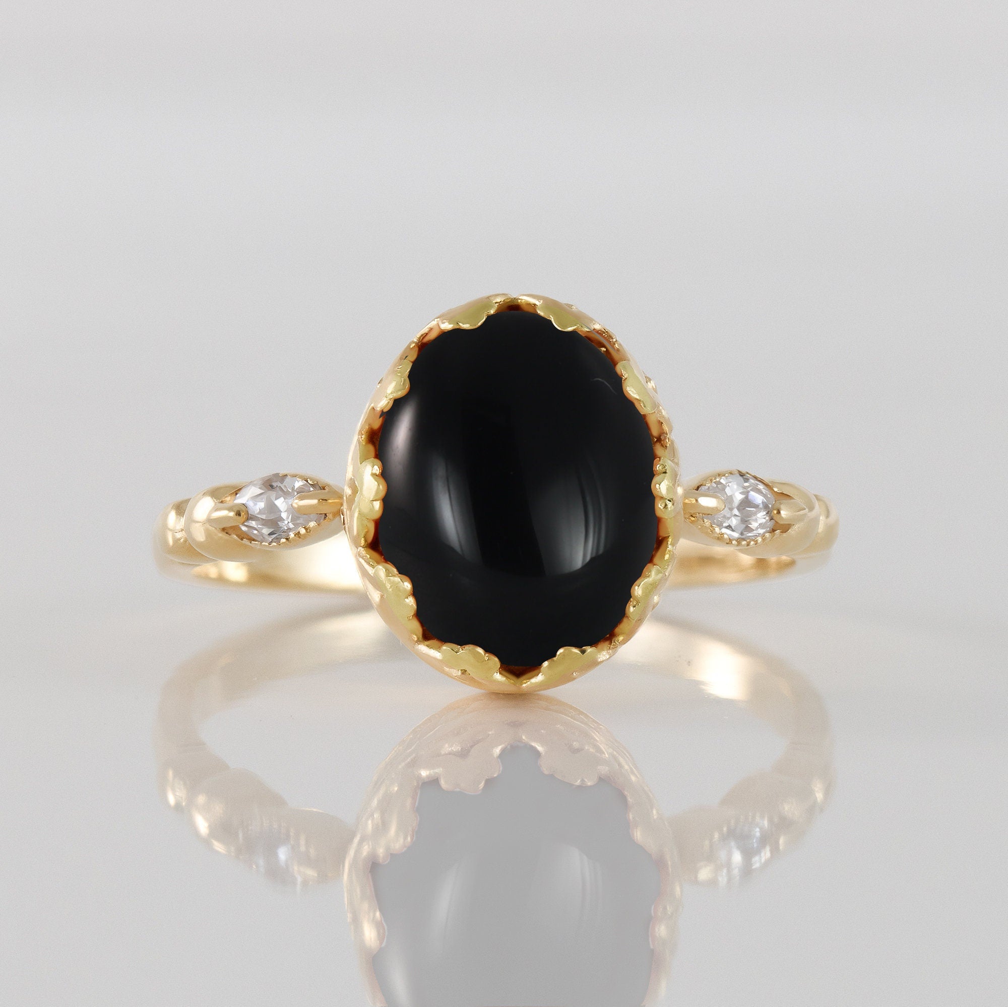 Black Onyx Vintage Oval Crown Ring with Clear Quartz Accents - H.L.Jewelry