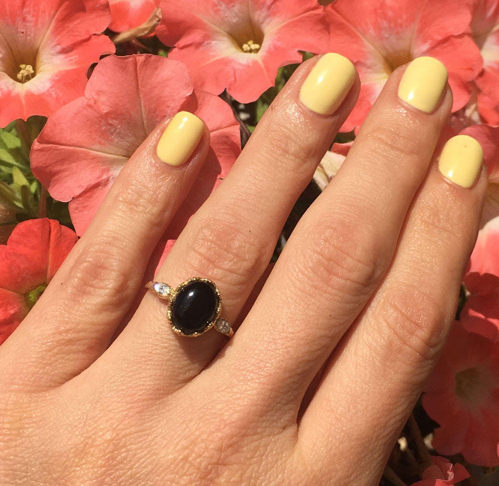 Black Onyx Vintage Oval Crown Ring with Clear Quartz Accents - H.L.Jewelry