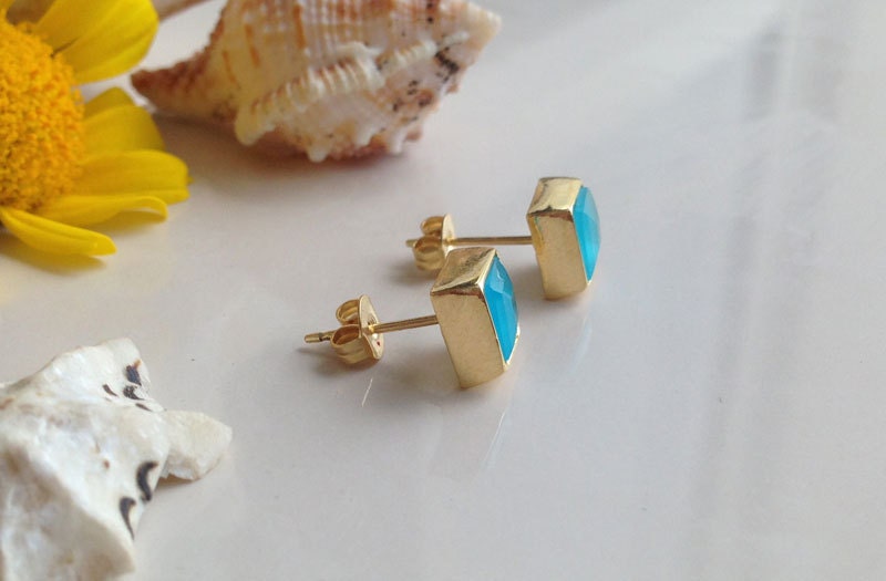 Blue Chalcedony Simple Square Stud Earrings - H.L.Jewelry