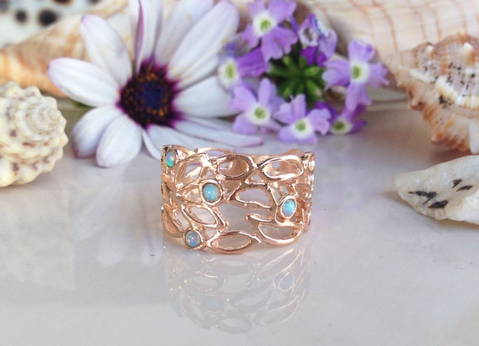 Blue Opal Four Stone Wide Lace Band Ring - H.L.Jewelry