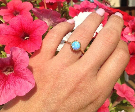 Blue Opal Gemstone Round Crown Ring - H.L.Jewelry