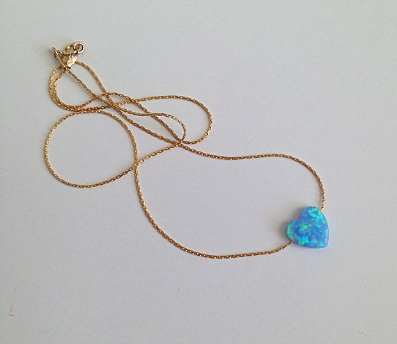 Blue Opal Sideway Heart Delicate Chain Necklace - H.L.Jewelry