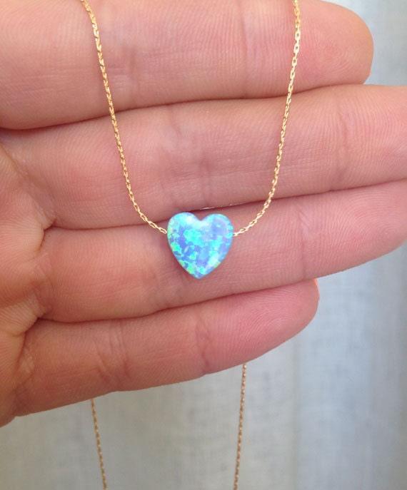 Blue Opal Sideway Heart Delicate Chain Necklace - H.L.Jewelry