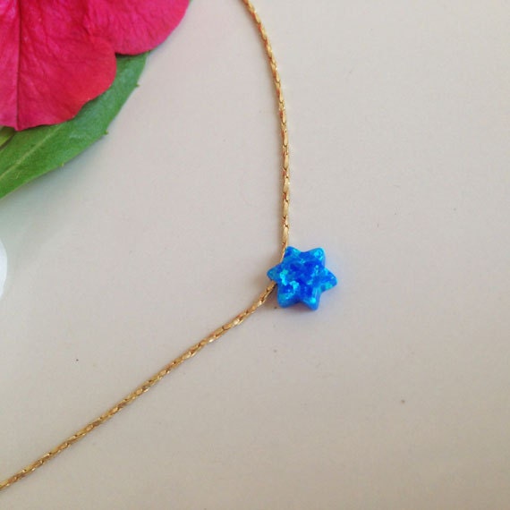Blue Opal Simple Delicate Chain Star Necklace - H.L.Jewelry