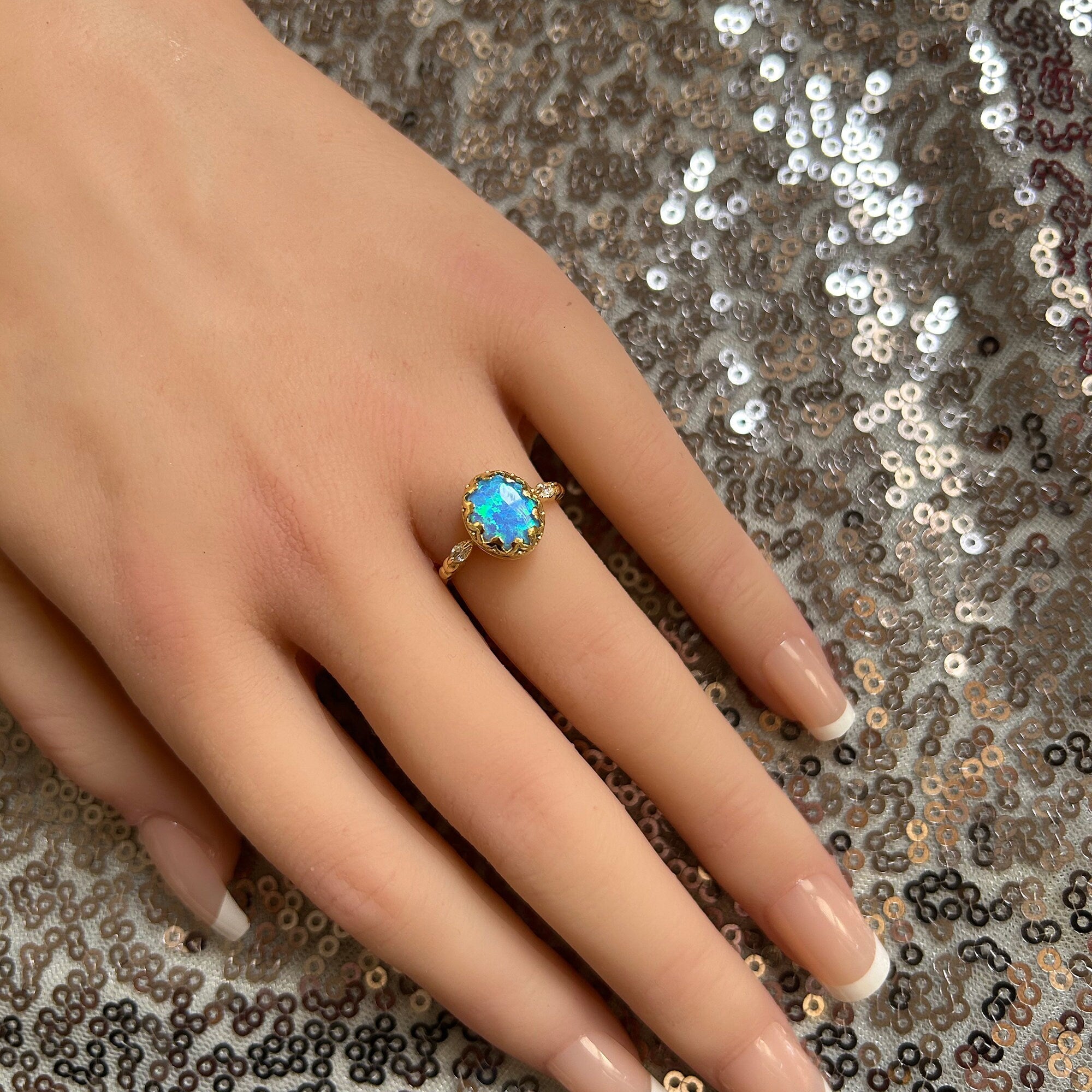 Blue Opal Vintage Oval Crown Ring with Clear Quartz Accents - H.L.Jewelry