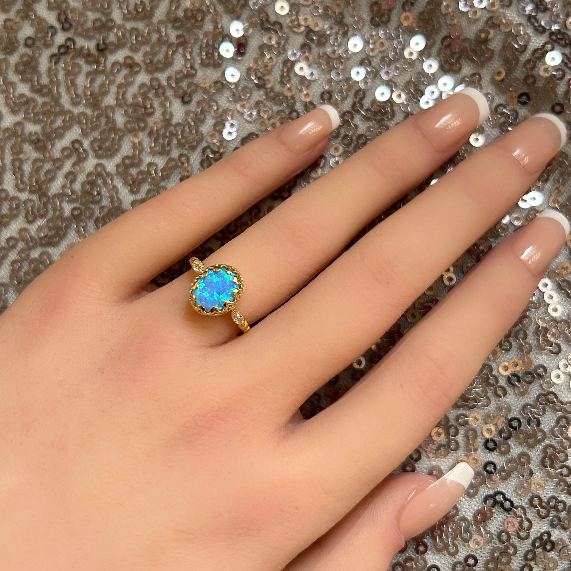 Blue Opal Vintage Oval Crown Ring with Clear Quartz Accents - H.L.Jewelry