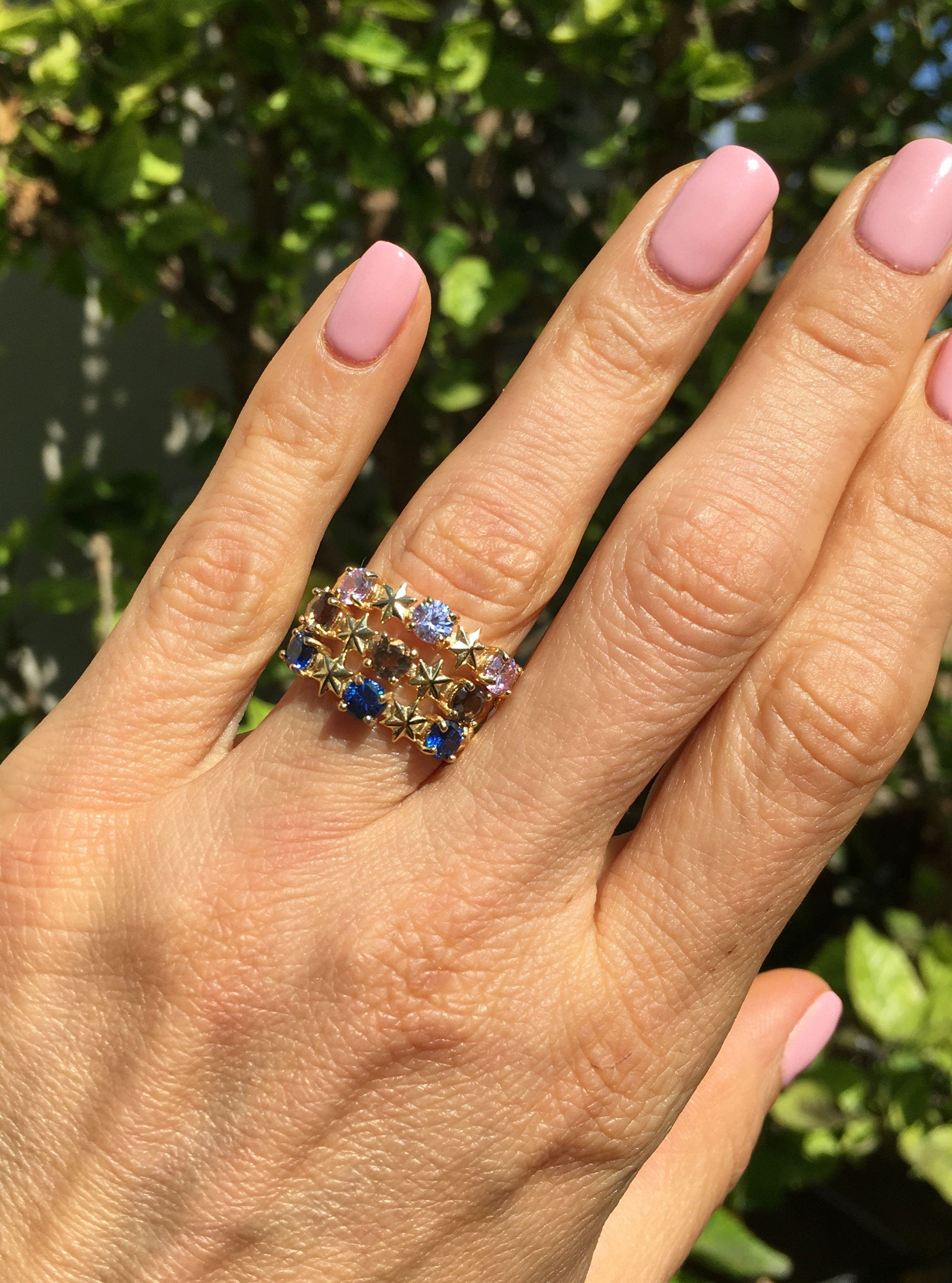 Blue Sapphire Three Stone Ring with Star Accents - H.L.Jewelry