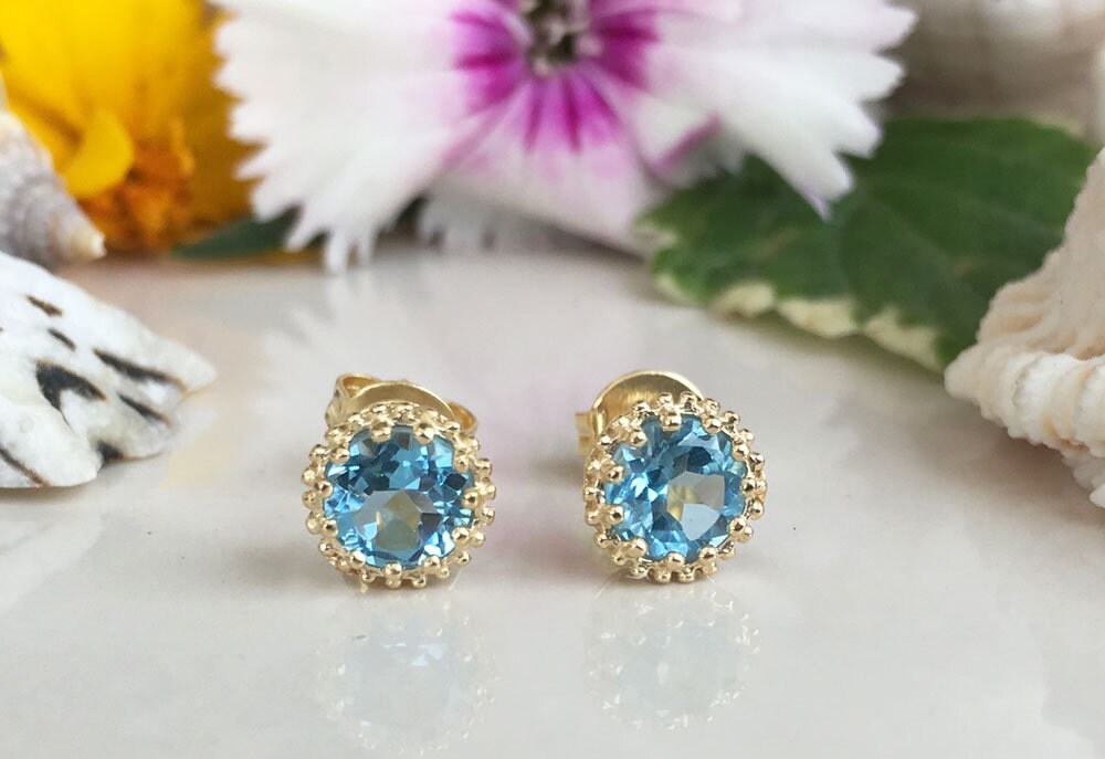 Blue Topaz Simple Round Stud Earrings - H.L.Jewelry