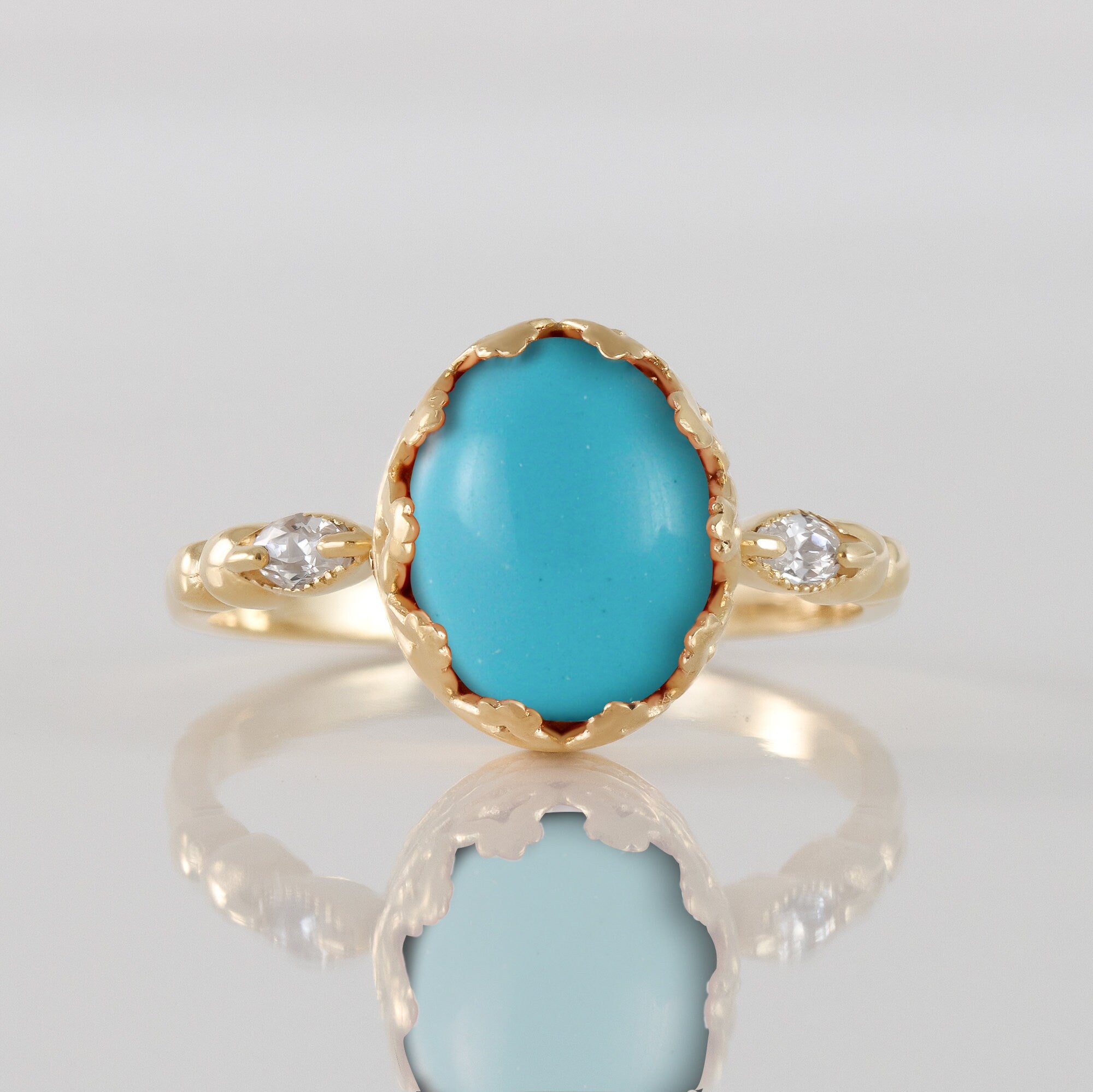 Blue Turquoise Vintage Oval Crown Ring with Clear Quartz Accents - H.L.Jewelry