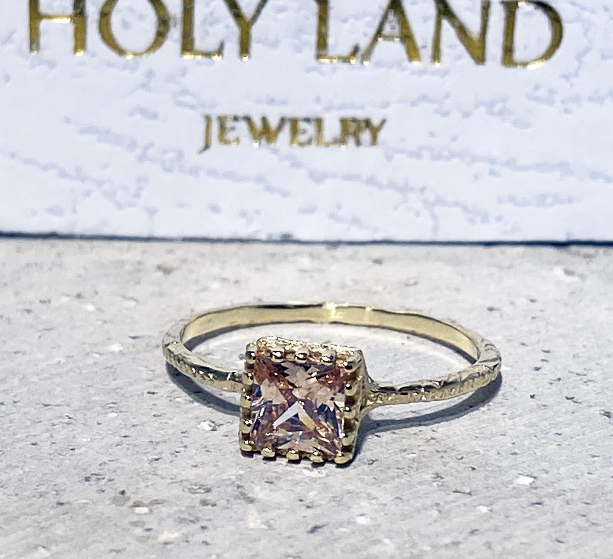 Citrine Square Stone Simple Hammered Band Ring - H.L.Jewelry