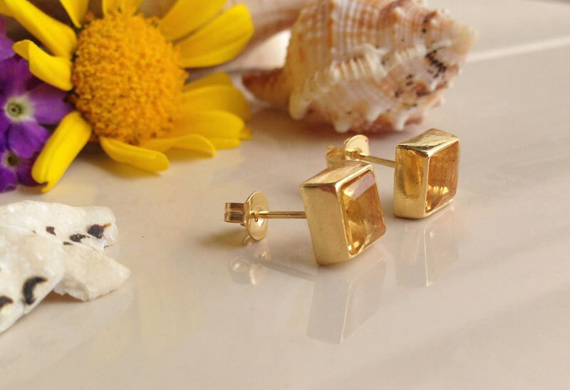 Citrine Square Stone Simple Stud Earrings - H.L.Jewelry