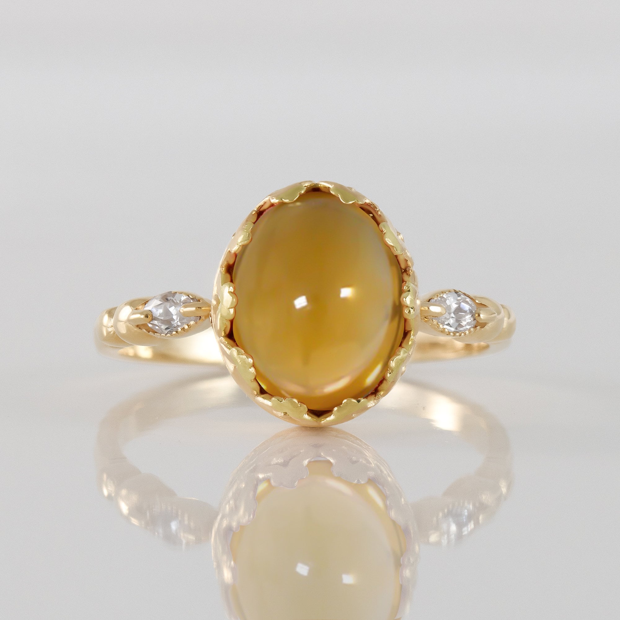 Citrine Vintage Oval Crown Ring with Clear Quartz Accents - H.L.Jewelry