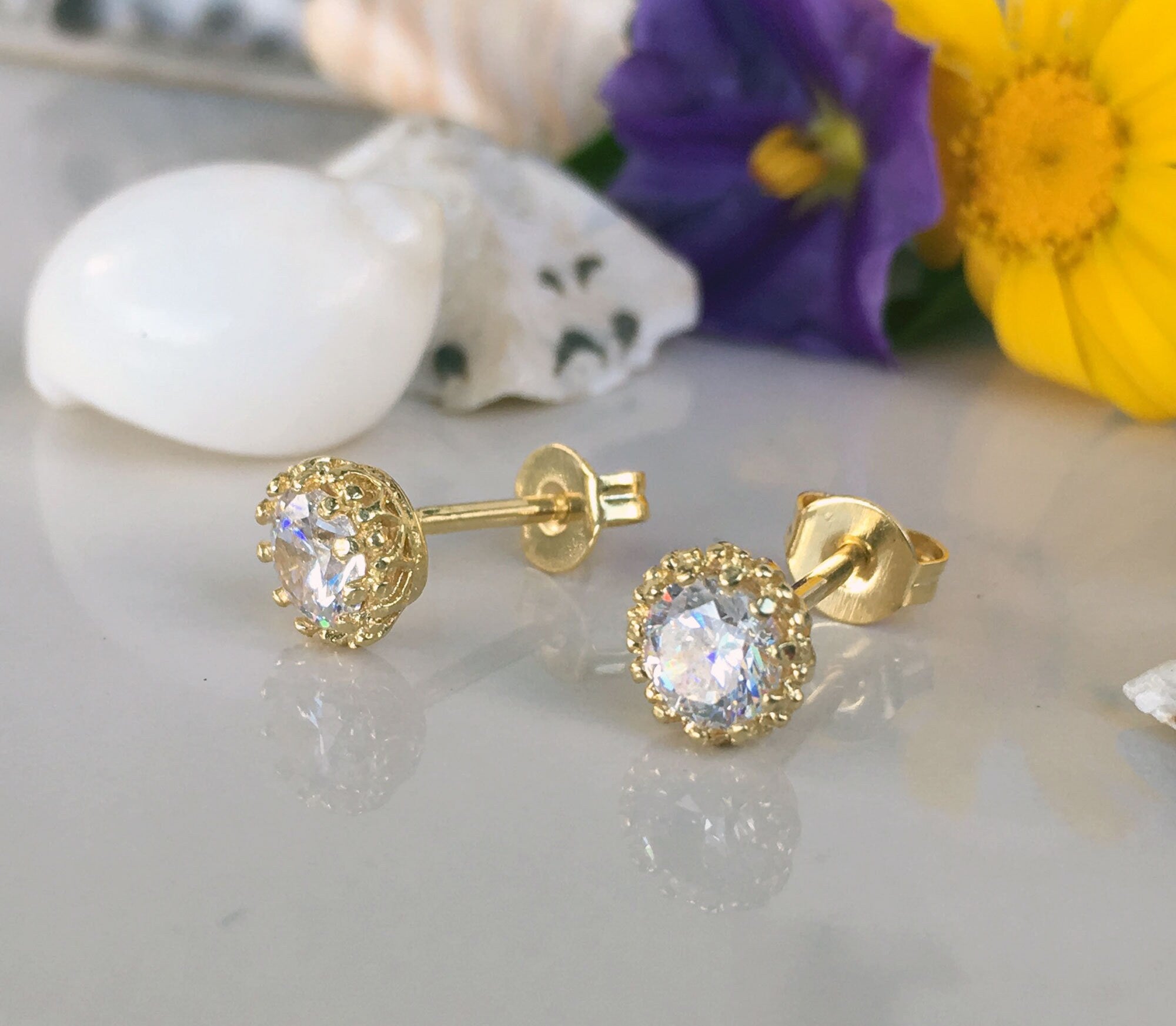 Clear Quartz Earrings - April Birthstone - Small Round Stud Earrings with Clear Quartz Stones - H.L.Jewelry