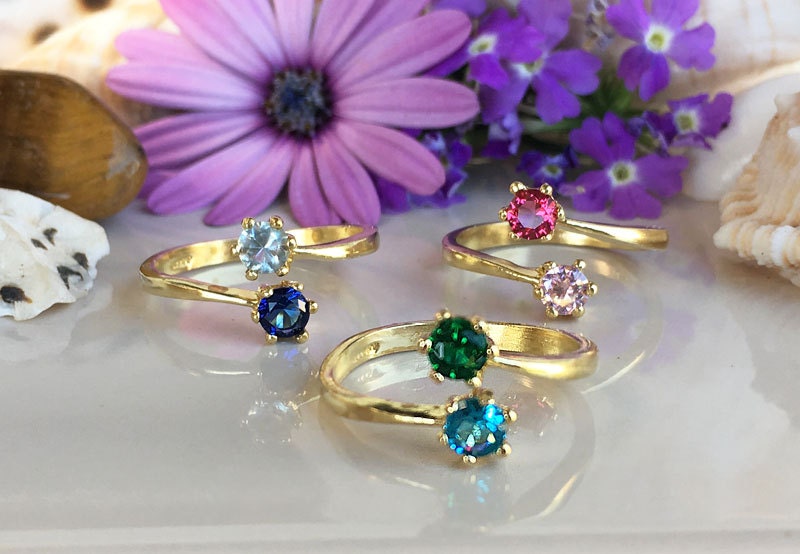 Dual Gemstone Any Birthstone Simple Adjustable Ring - H.L.Jewelry