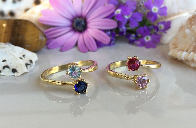 Dual Gemstone Any Birthstone Simple Adjustable Ring - H.L.Jewelry