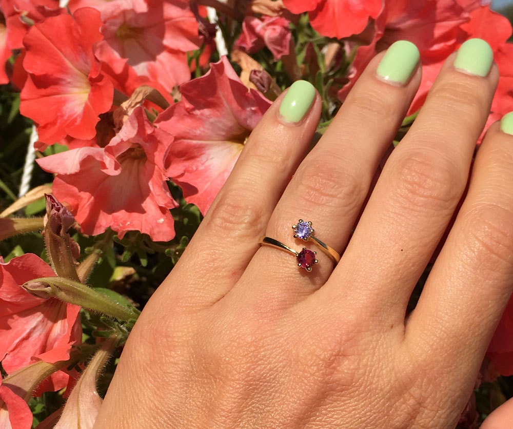 Dual Gemstone Any Birthstone Simple Adjustable Ring - H.L.Jewelry