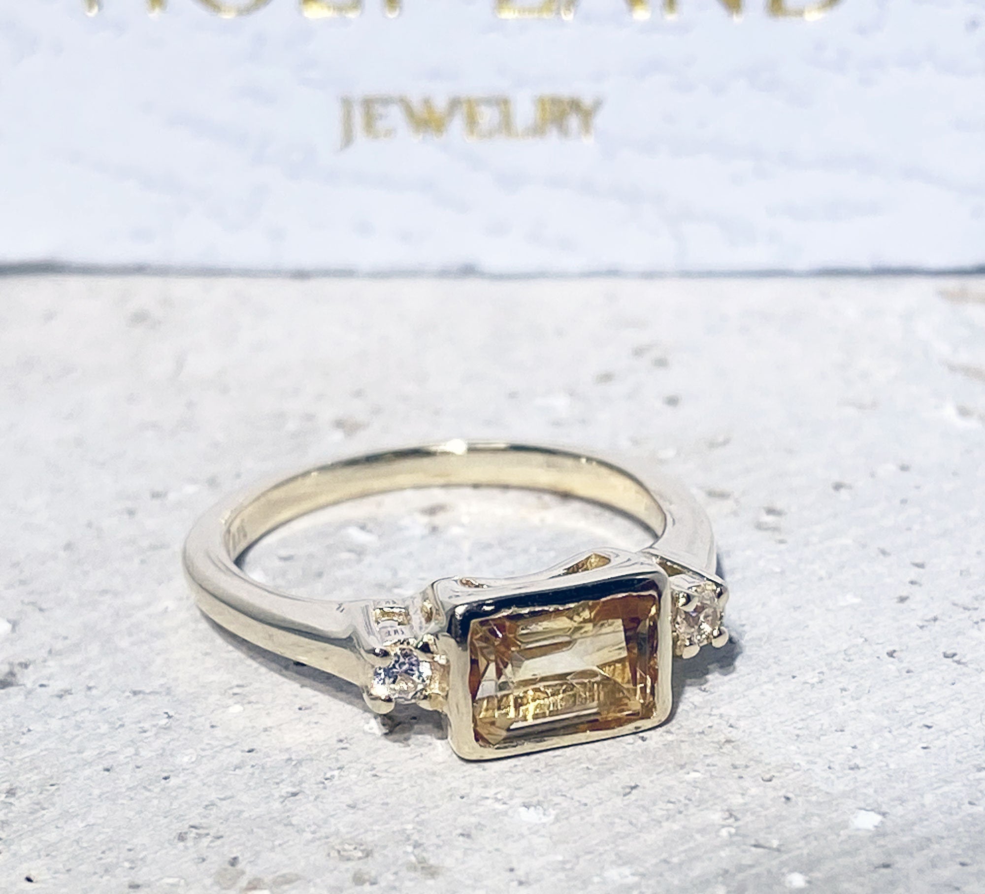 East-West Emerald-Cut Citrine Ring with Clear Quartz Accents - H.L.Jewelry