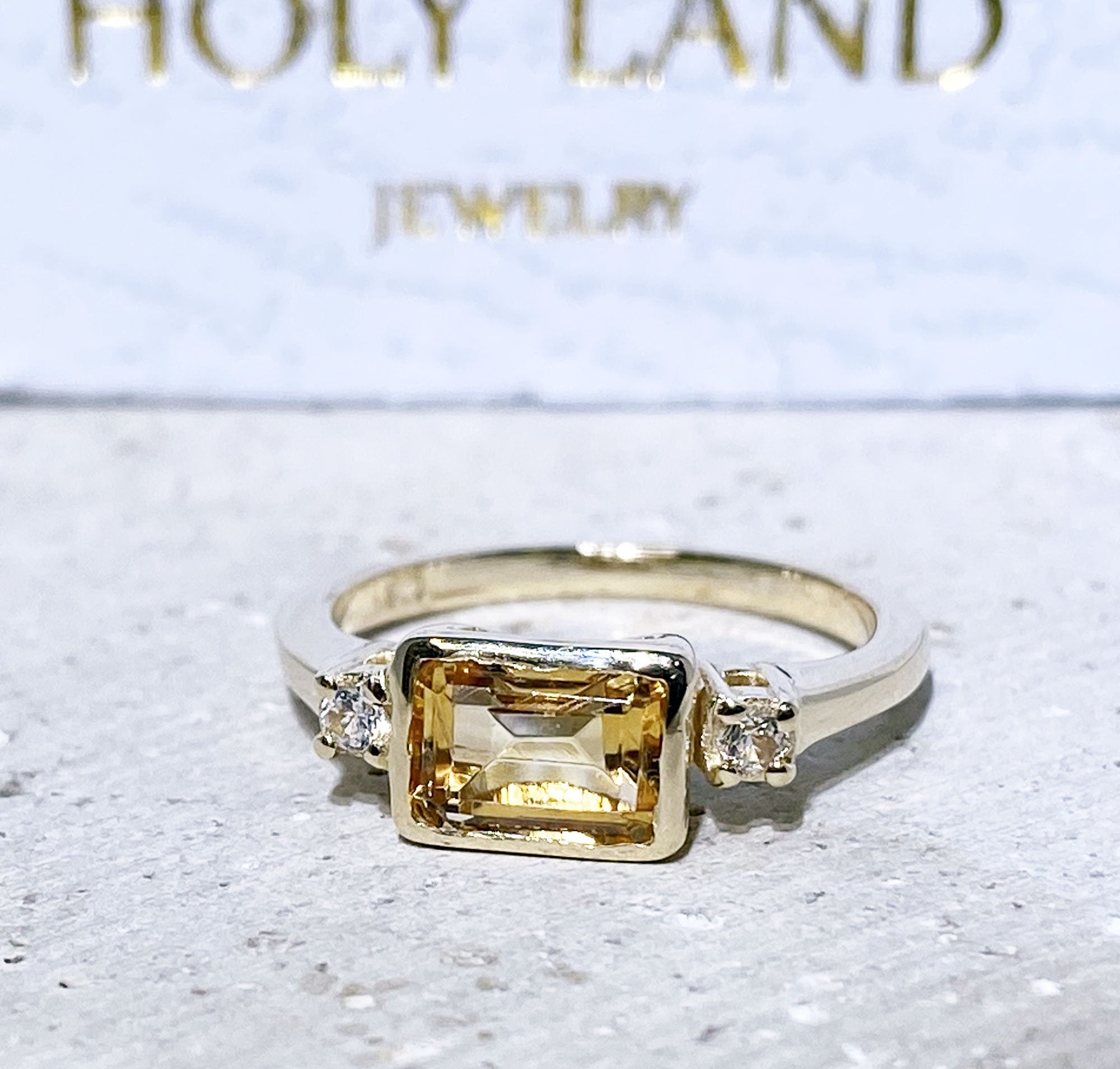 East-West Emerald-Cut Citrine Ring with Clear Quartz Accents - H.L.Jewelry