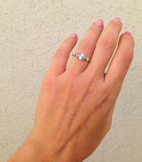 East-West Lavender Amethyst Bezel Ring with Clear Quartz Accents - H.L.Jewelry