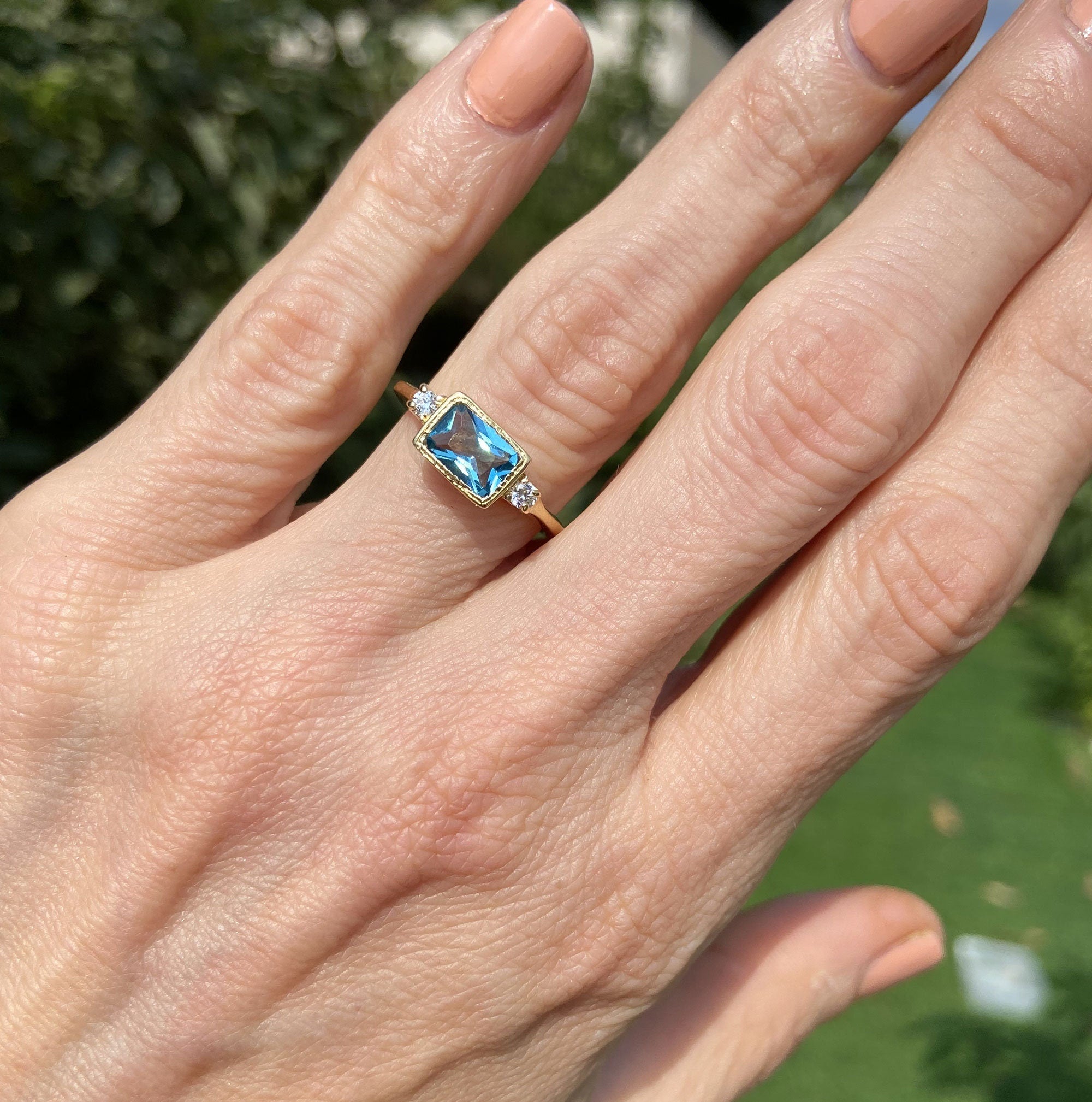 East-West Octagon Blue Topaz Simple Ring with Clear Quartz Accents - H.L.Jewelry