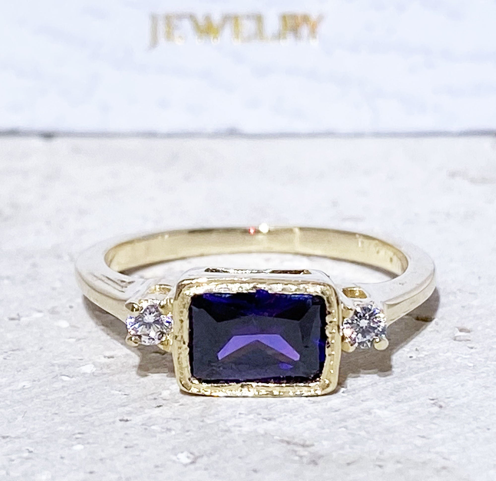 East-West Octagon Purple Amethyst Ring with Clear Quartz Accents - H.L.Jewelry