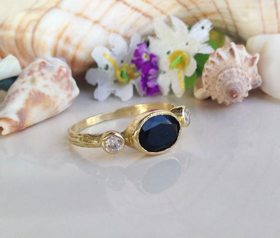 East-West Oval Black Onyx Bezel Ring with Clear Quartz Accents - H.L.Jewelry