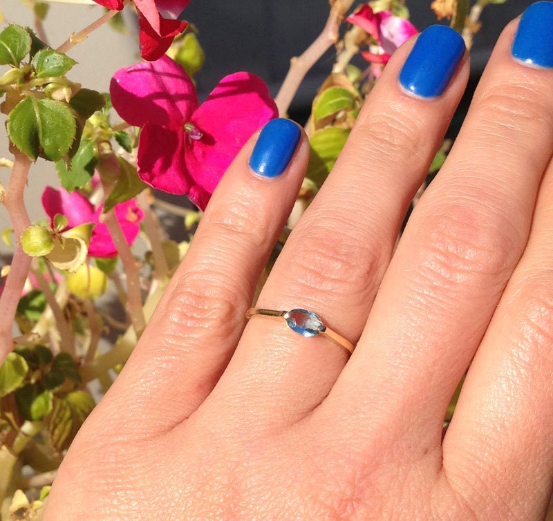 East-West Oval Blue Topaz Simple Stackable Ring - H.L.Jewelry