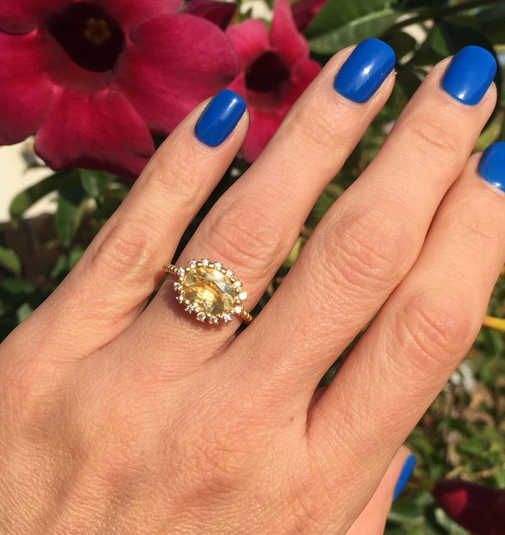 East-West Oval Citrine Ring with Clear Quartz Halo - H.L.Jewelry